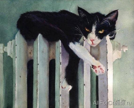 кошка лежит на батарее акварель